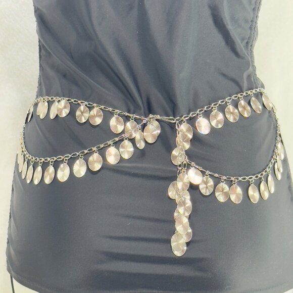 Vintage-Inspired Silver Chain Belly Dance Belt Dangling Discs Adjustable Fit - Picture 3 of 7